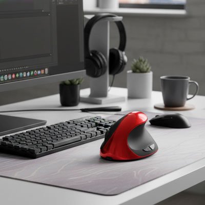 Souris ergonomique rouge sur tapis